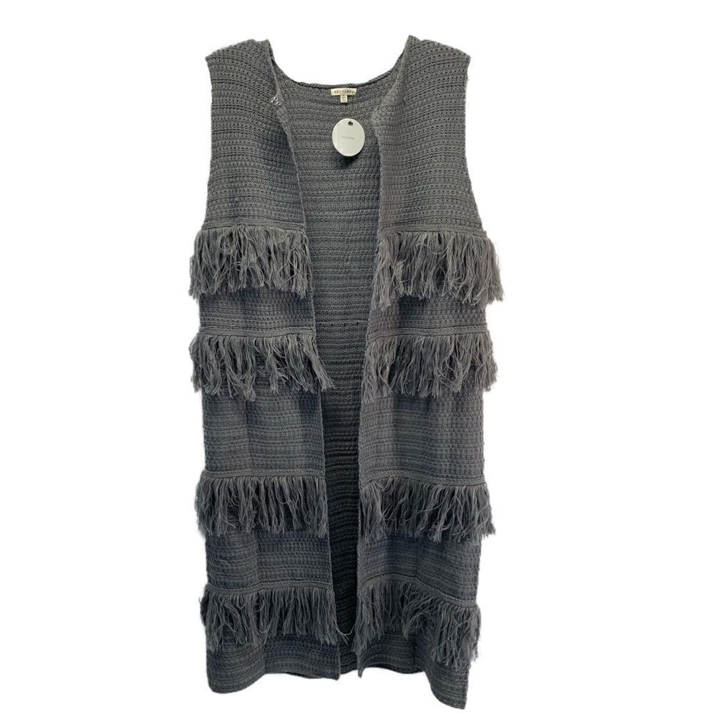 NWT EN CREME Gray fringed sleeveless duster - Picture 6 of 9